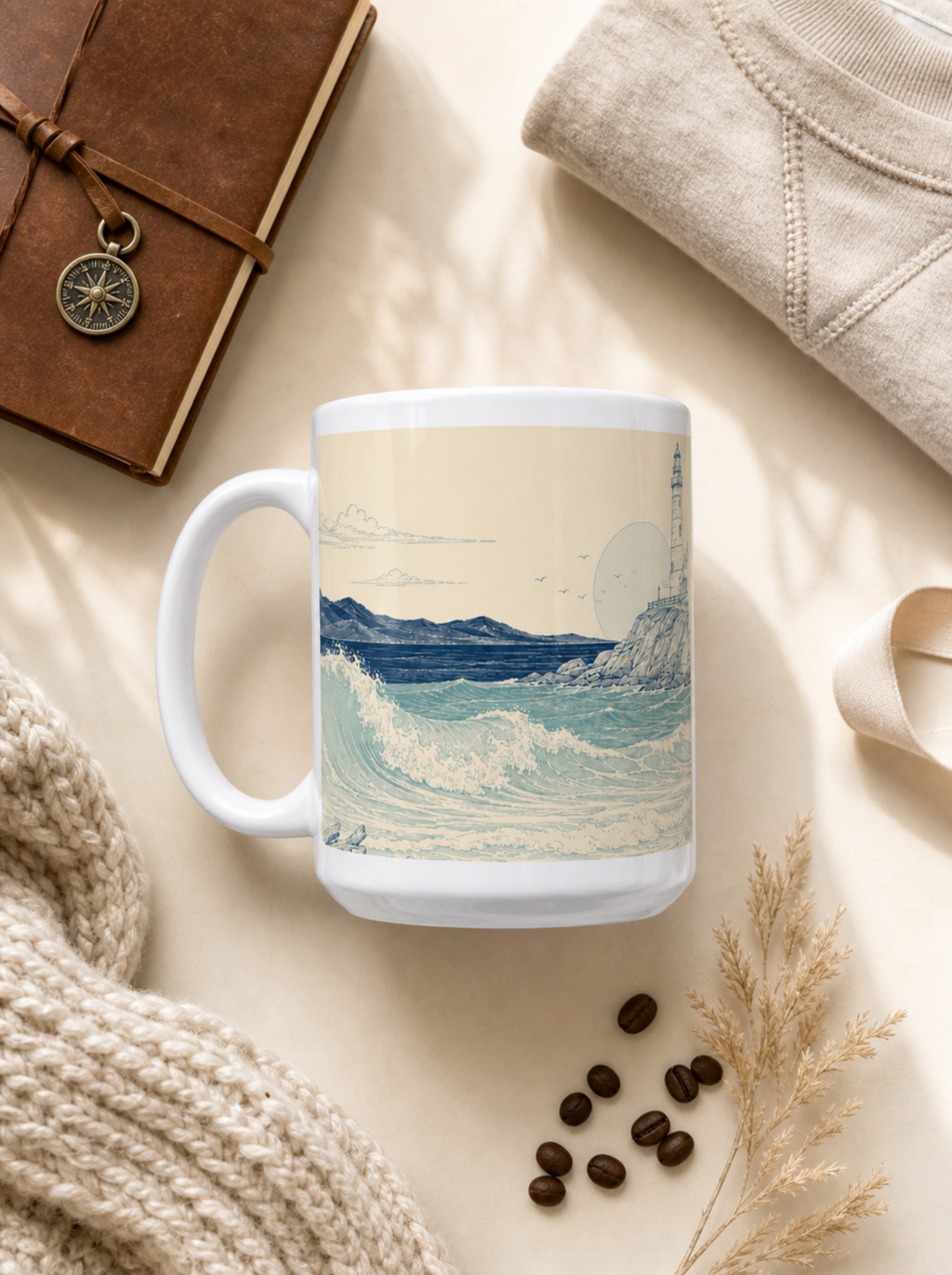 20oz Coastal Lighthouse Mug — Vintage Ocean Waves Scenic Coffee Cup