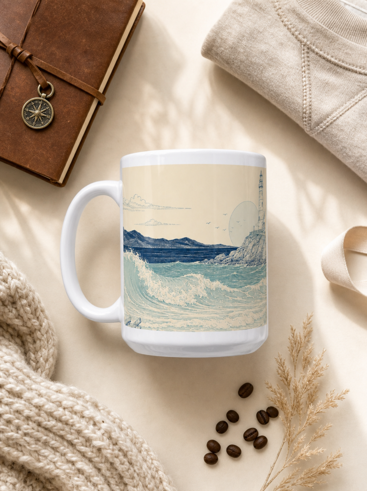 20oz Coastal Lighthouse Mug — Vintage Ocean Waves Scenic Coffee Cup