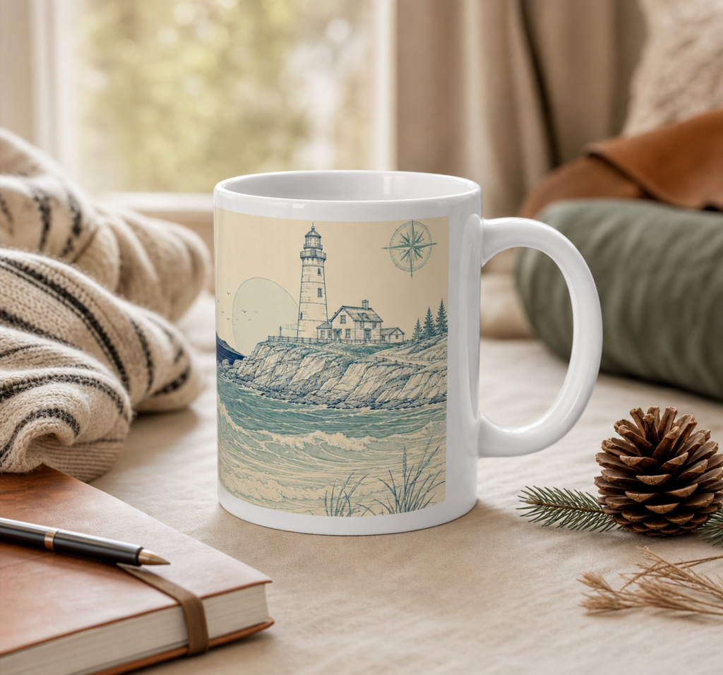 20oz Coastal Lighthouse Mug — Vintage Ocean Waves Scenic Coffee Cup