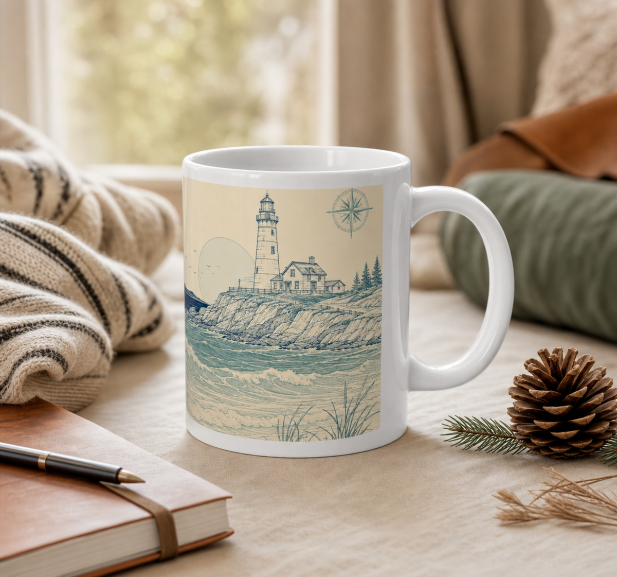20oz Coastal Lighthouse Mug — Vintage Ocean Waves Scenic Coffee Cup