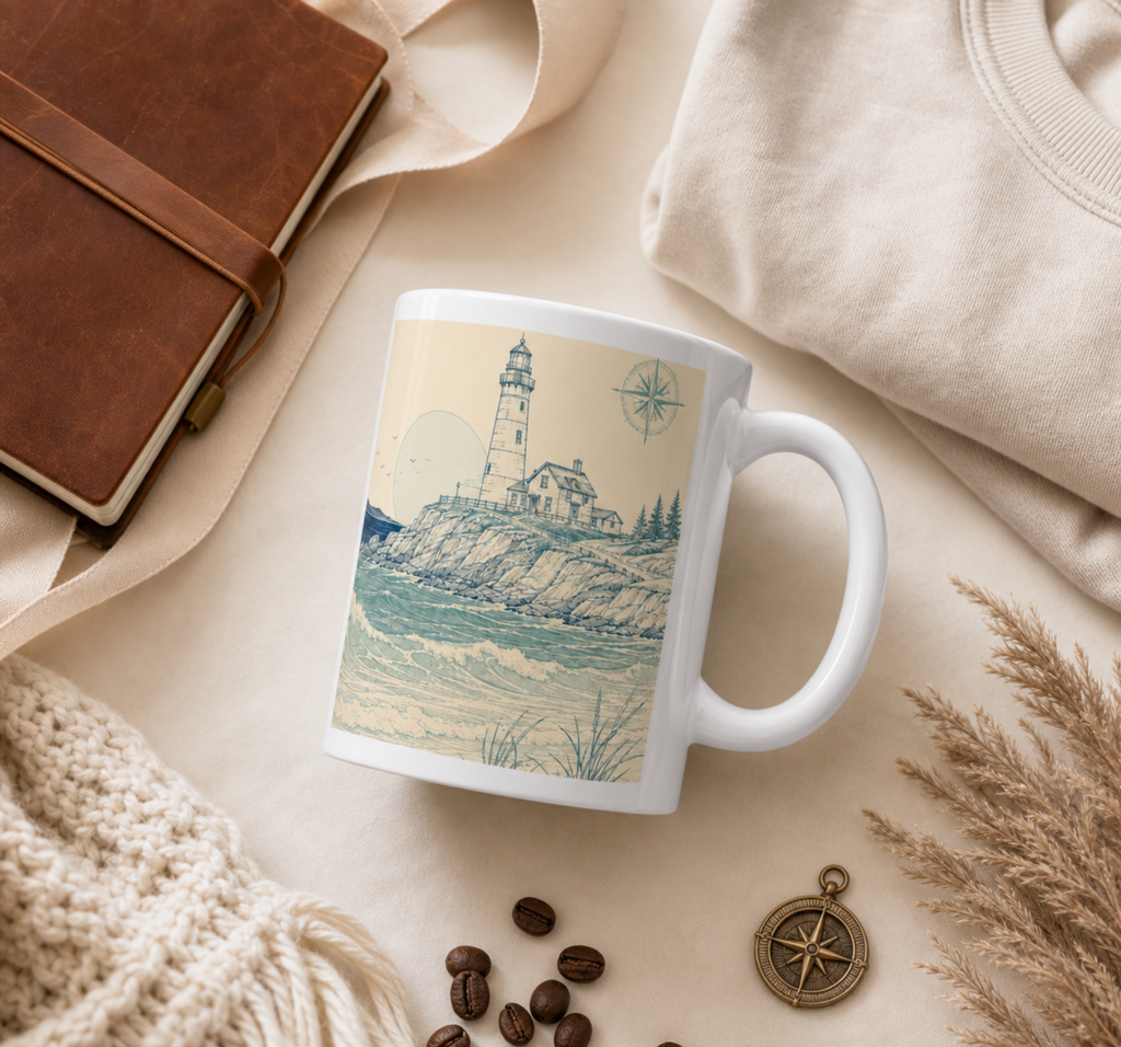 20oz Coastal Lighthouse Mug — Vintage Ocean Waves Scenic Coffee Cup