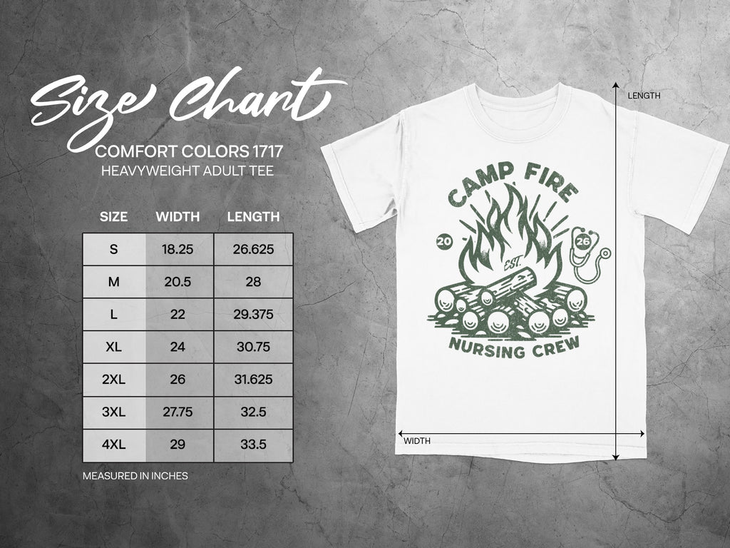 Comfort Colors 1717 size chart for heavyweight adult tee with camping graphic.
