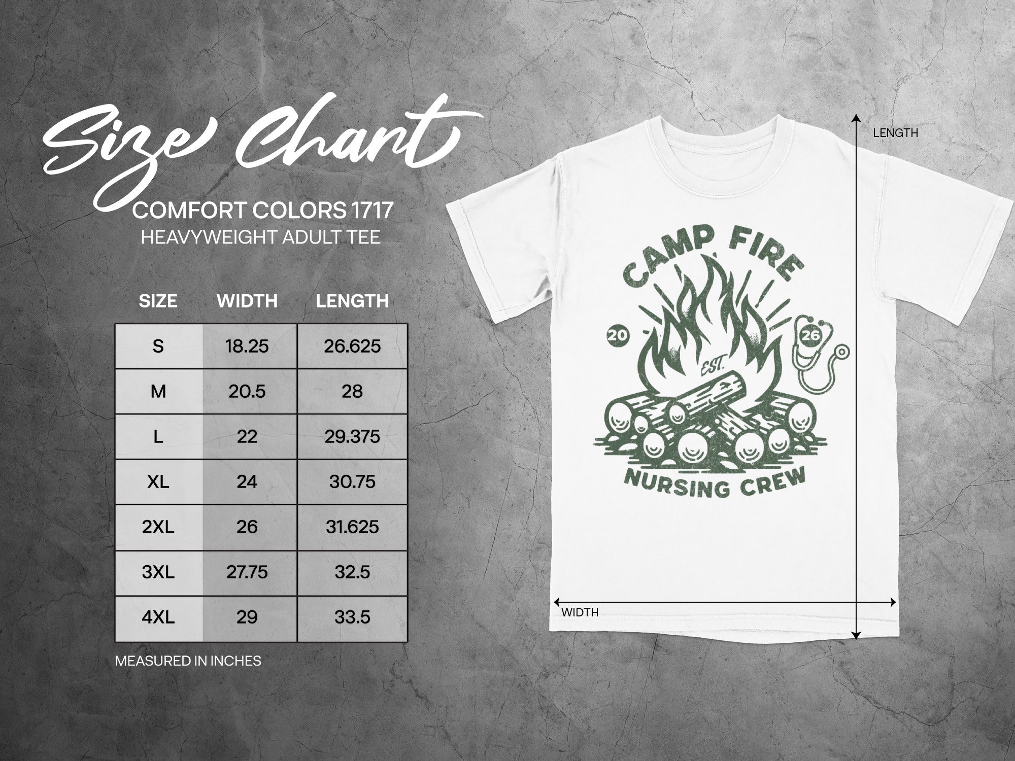 Comfort Colors 1717 size chart for heavyweight adult tee with camping graphic.