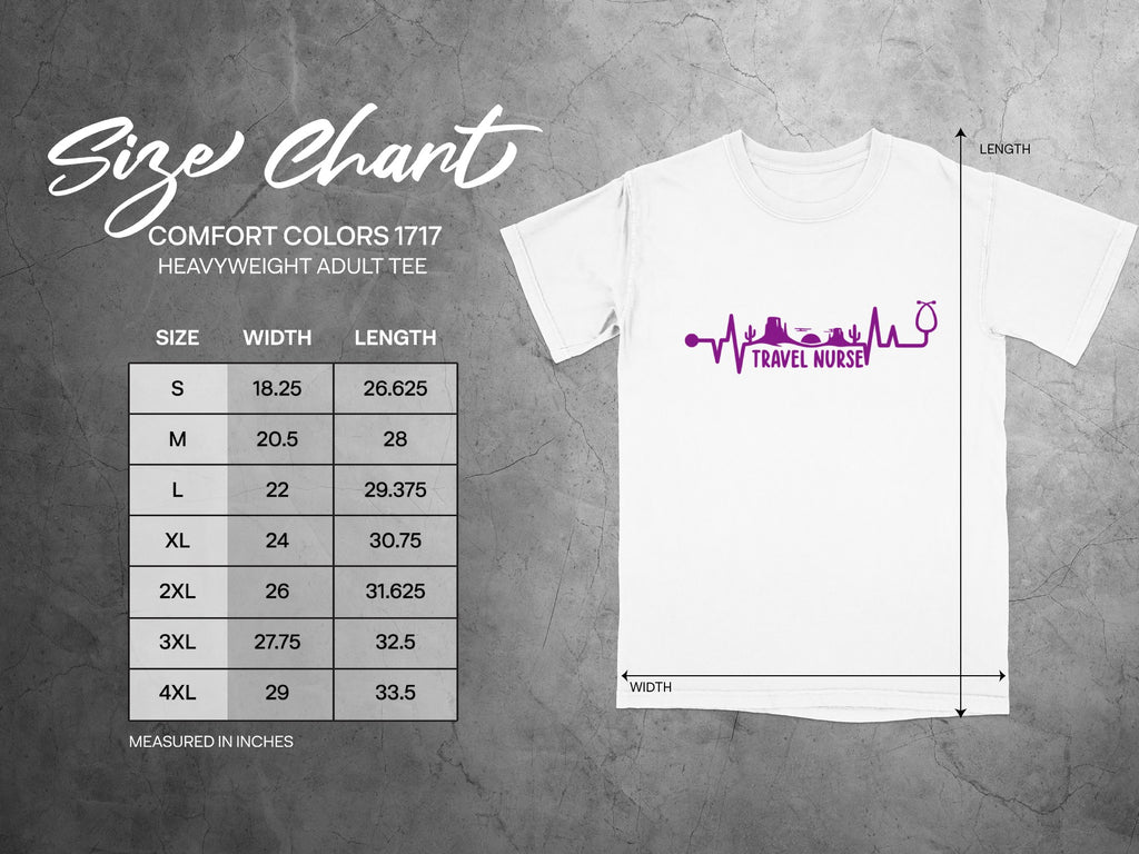 Comfort Colors 1717 heavyweight adult tee size chart with measurements in inches.
