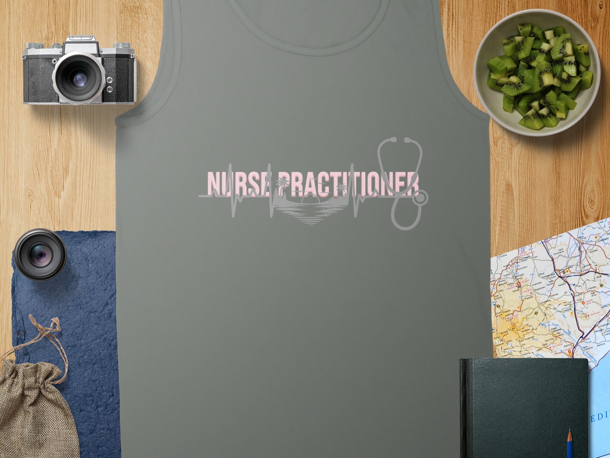 Grey tank top with "NURSE PRACTITIONER" and stethoscope graphic.