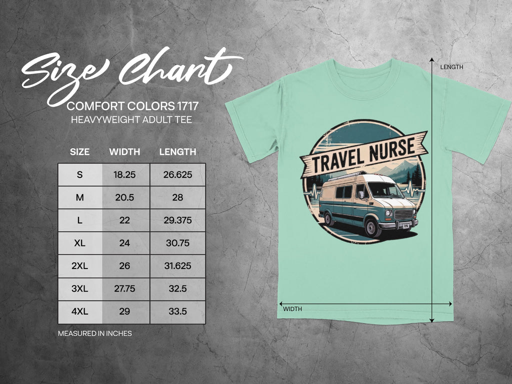 Size chart for a travel nurse heavyweight adult tee with shirt illustration.