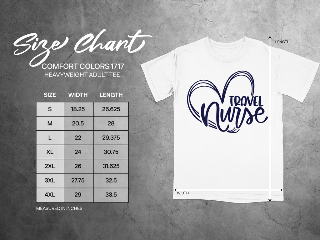 Comfort Colors 1717 heavyweight adult tee size chart with measurements in inches.
