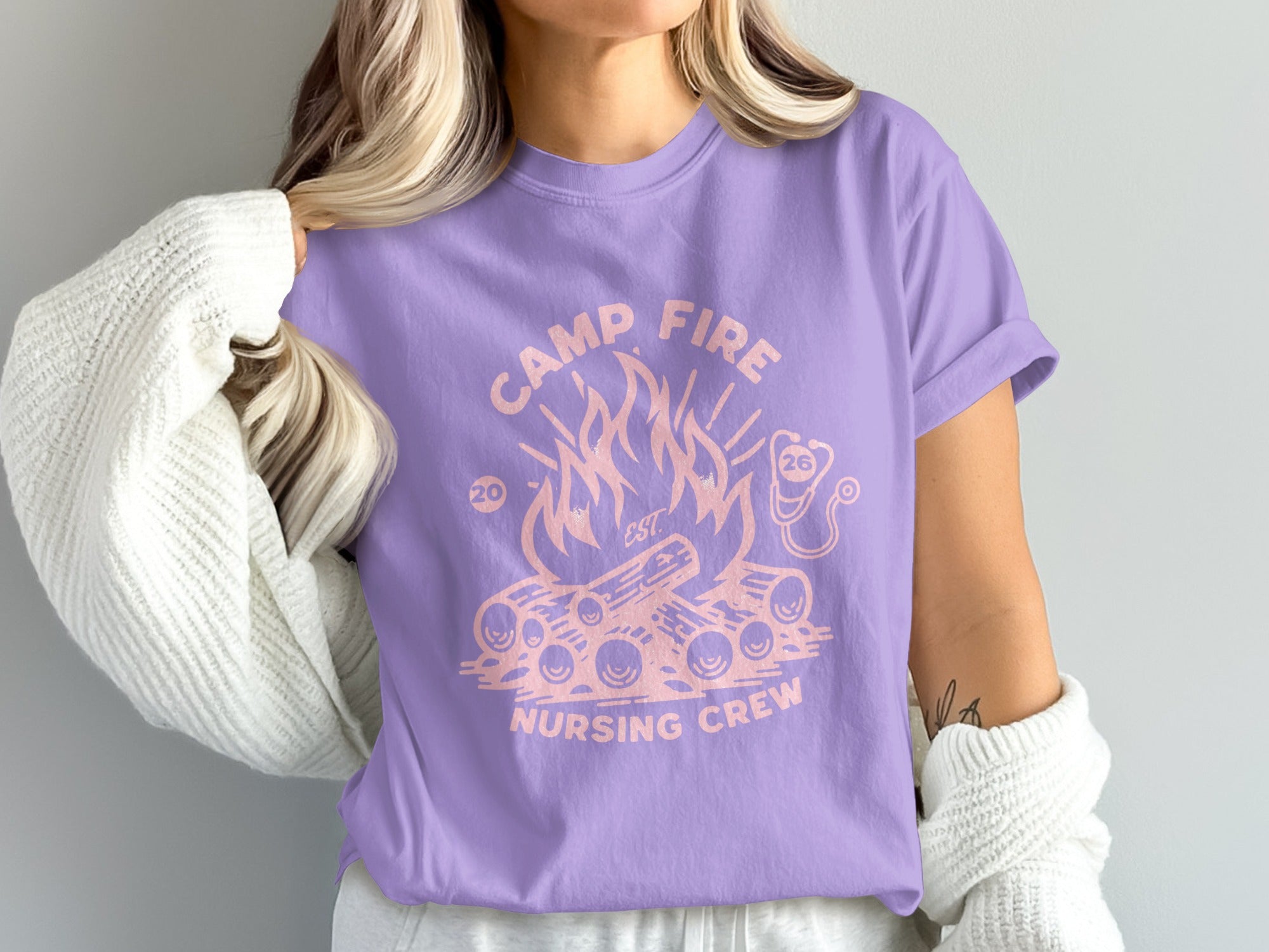 Camp Fire Nursing Crew t-shirt with a campfire and stethoscope logo.