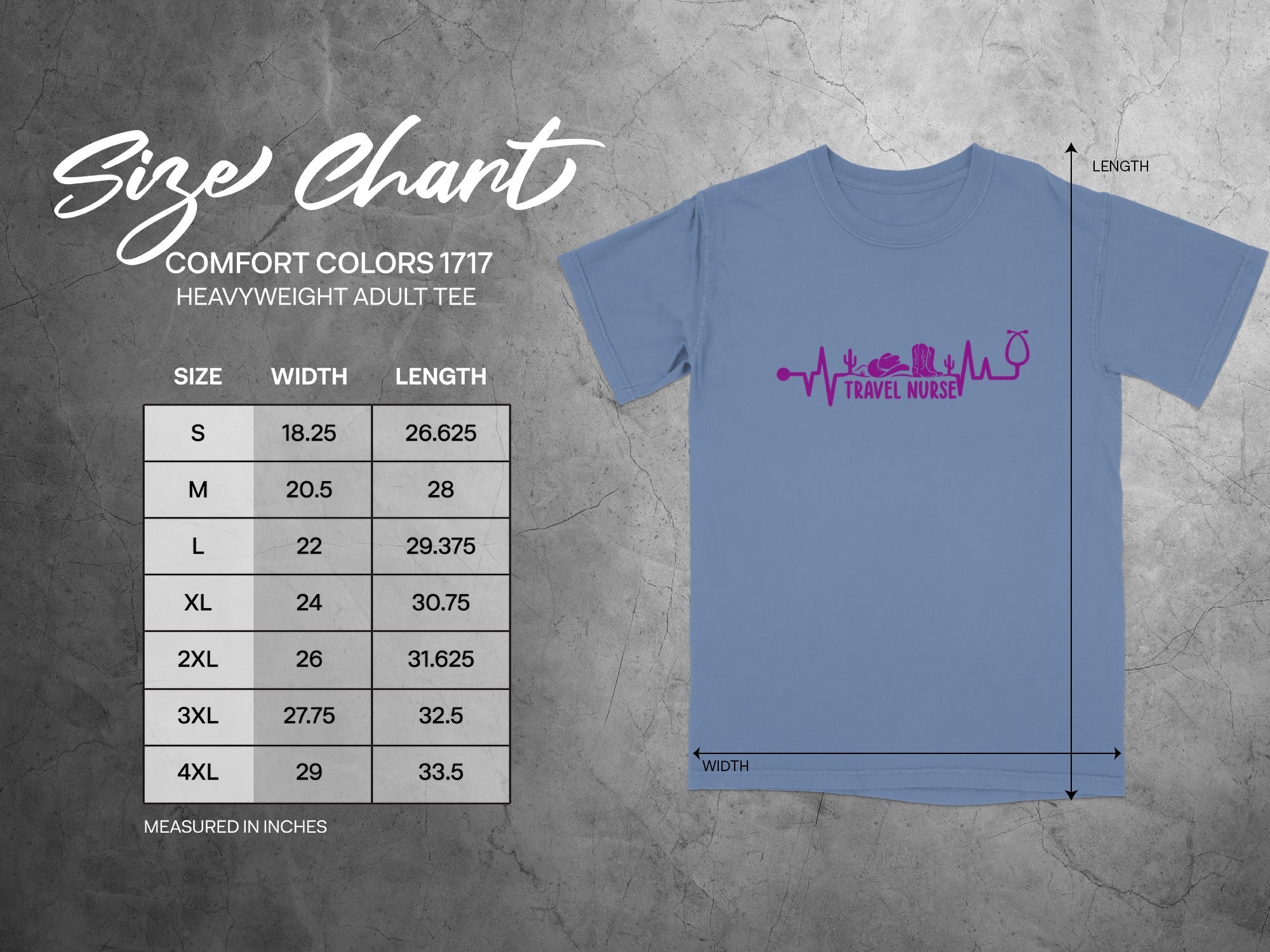 Comfort Colors 1717 heavyweight adult tee size chart with width and length measurements.