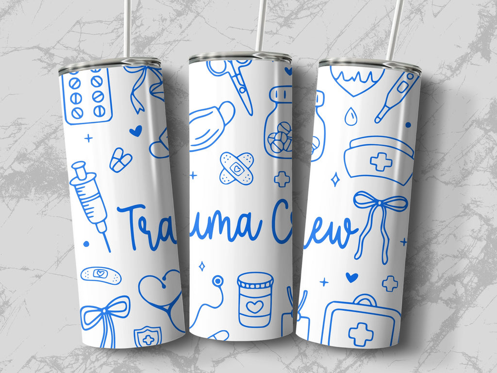 Tumbler with medical icons and "Trauma Crew" text.