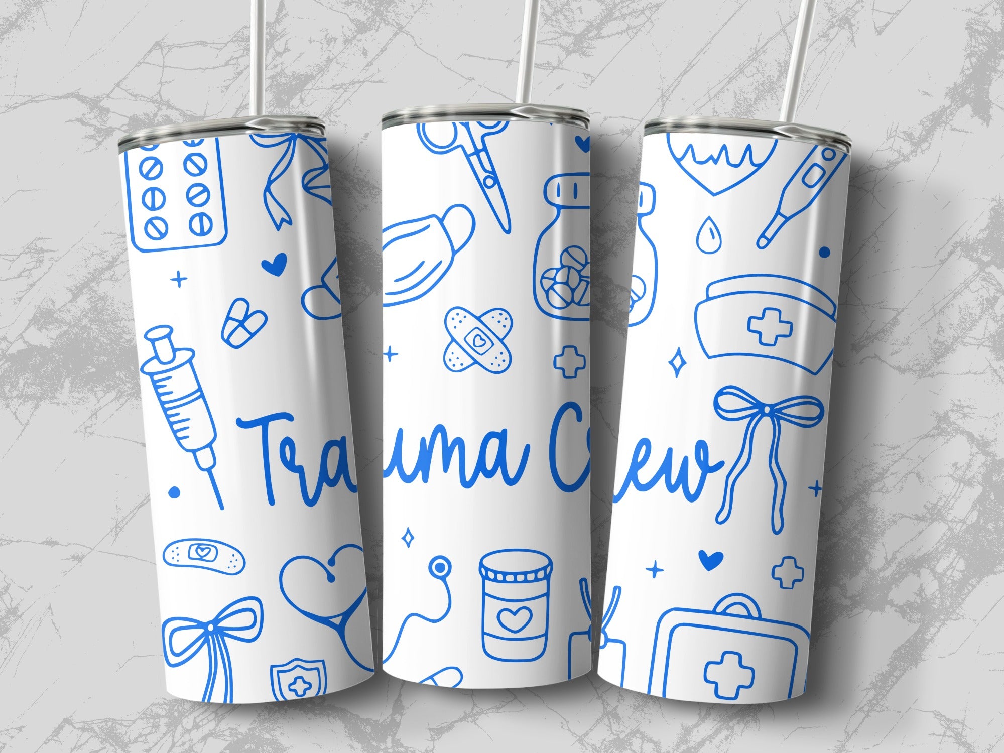 Tumbler with medical icons and "Trauma Crew" text.