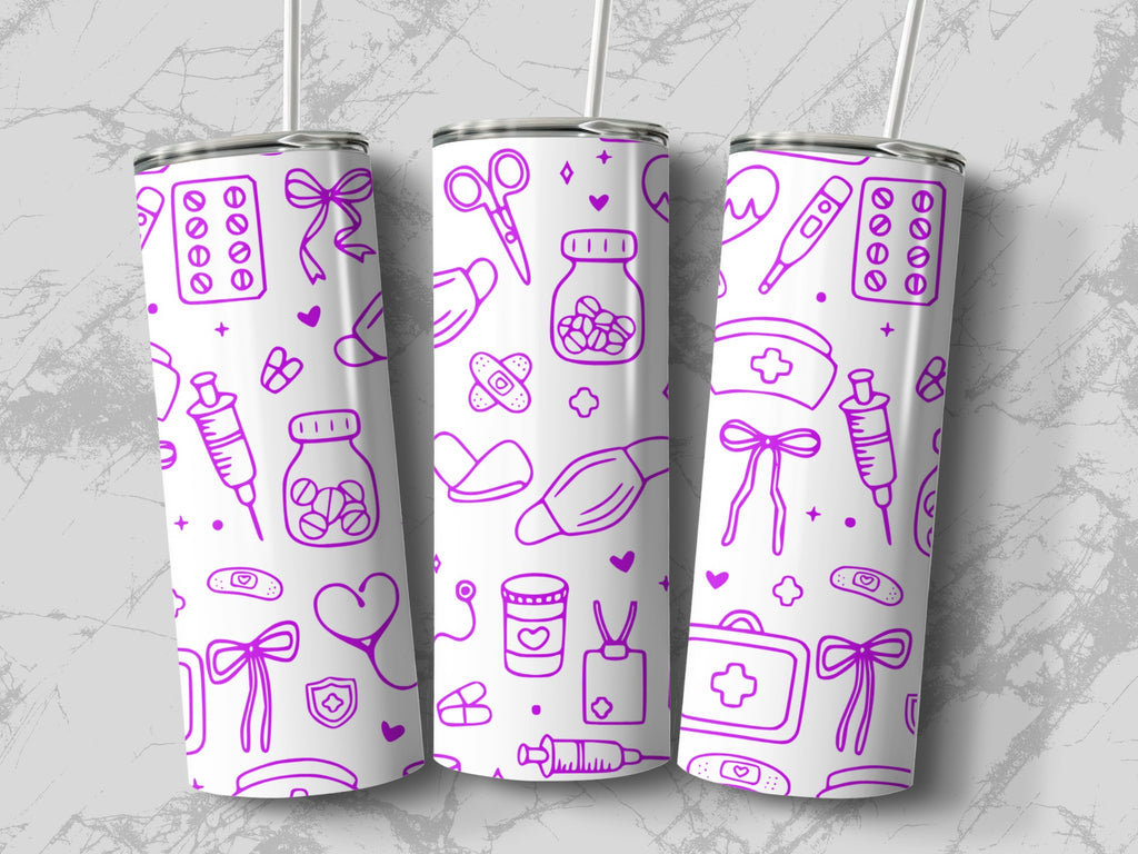 Pink medical icons on a white tumbler with a marbled background.