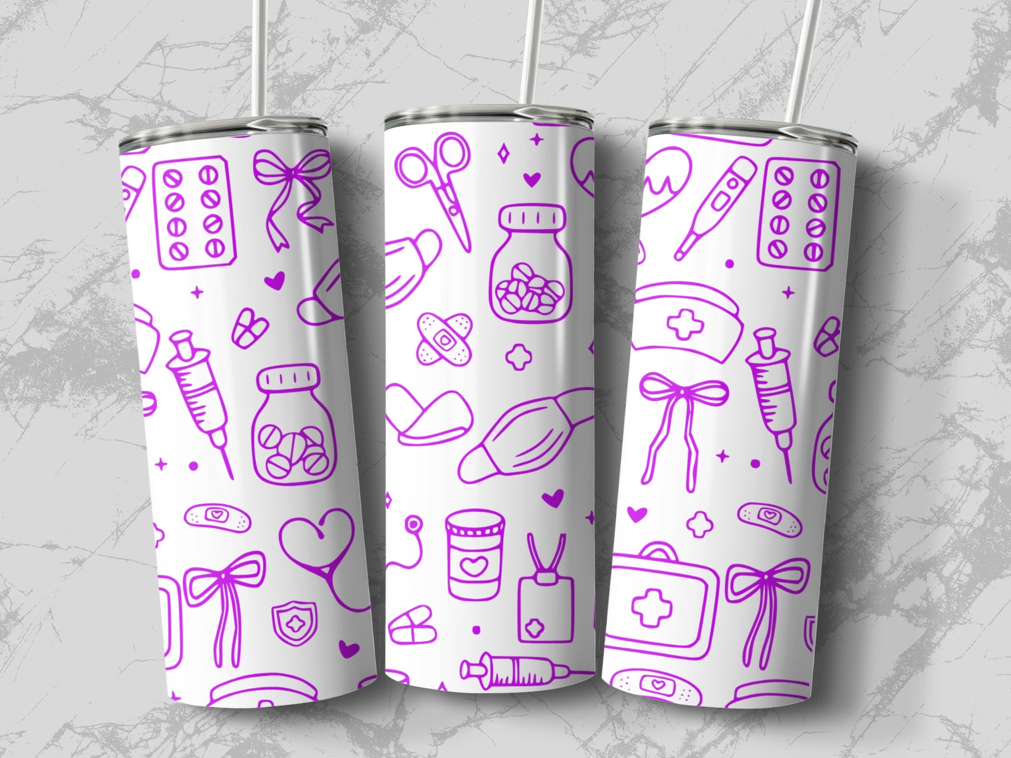 Pink medical icons on a white tumbler with a marbled background.