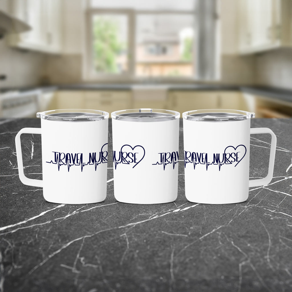 Three white travel mugs with "TRAVEL NURSE" and a heart logo.