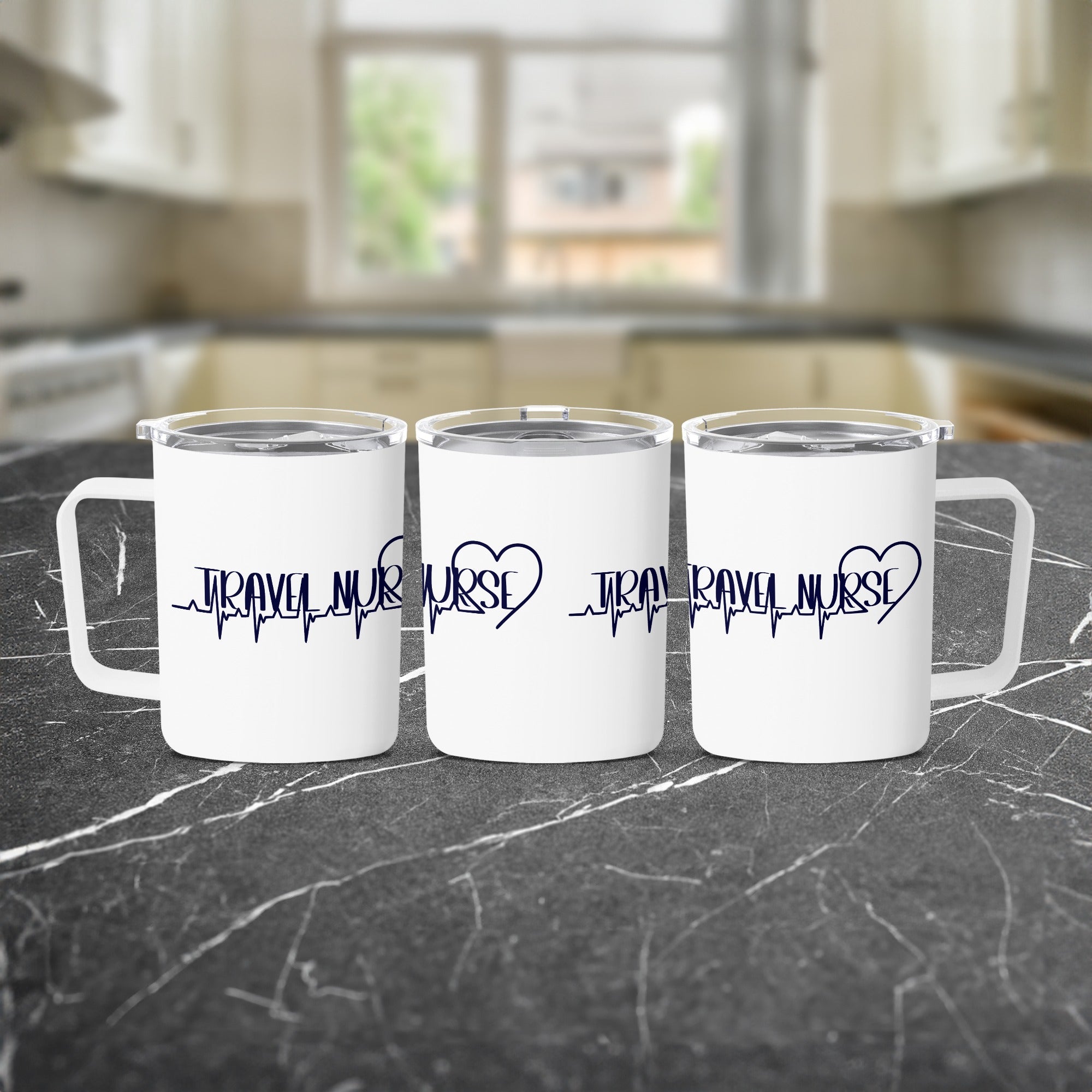 Three white travel mugs with "TRAVEL NURSE" and a heart logo.