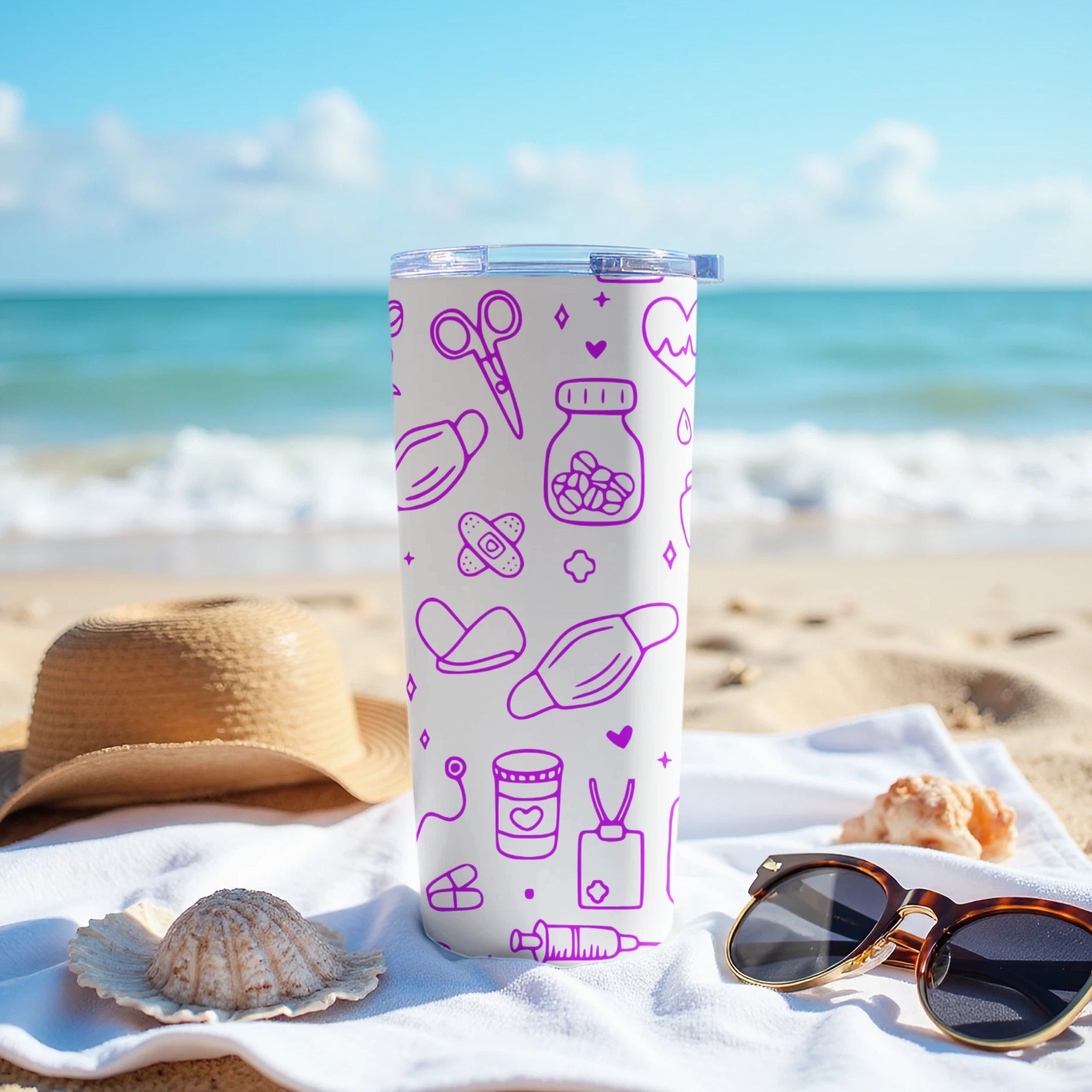 Purple medical icons on a white tumbler cup with beach background.