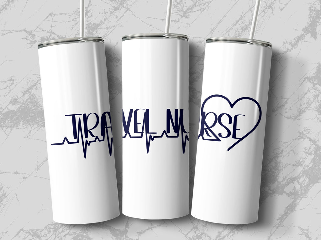 White tumblers with "TRAVEL NURSE" in navy blue script and a heart.