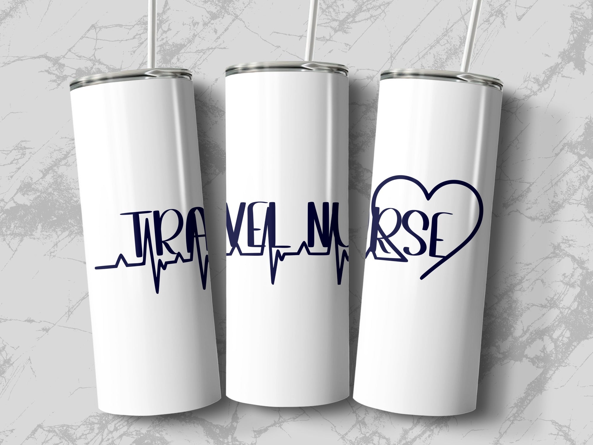 White tumblers with "TRAVEL NURSE" in navy blue script and a heart.