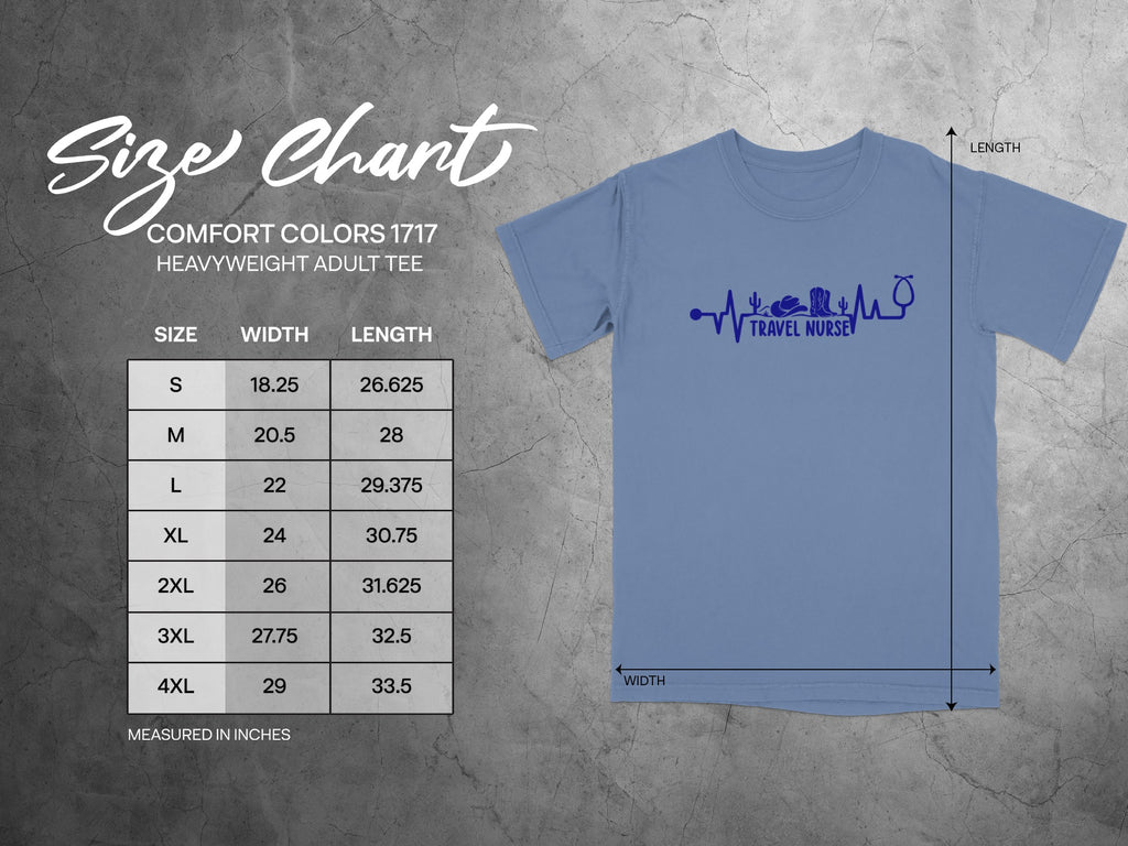 Comfort Colors 1717 heavyweight adult tee size chart with width and length measurements.