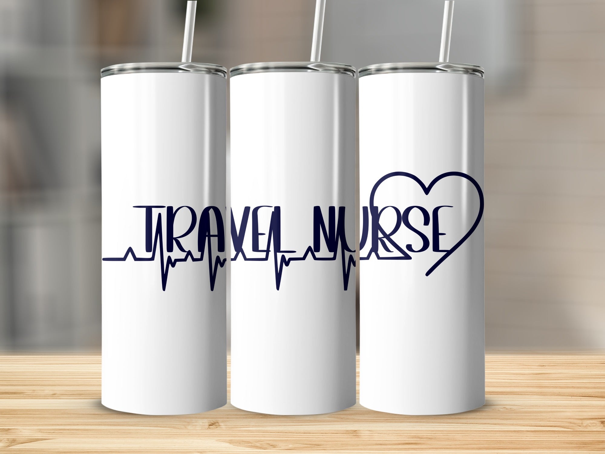 White travel nurse tumbler with heartbeat and heart graphic.