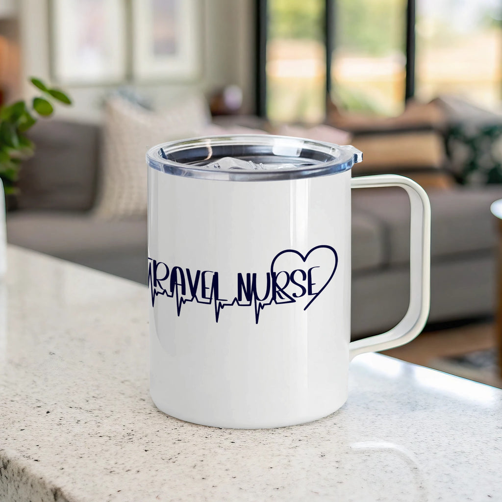 White travel nurse mug with heartbeat graphic and handle.