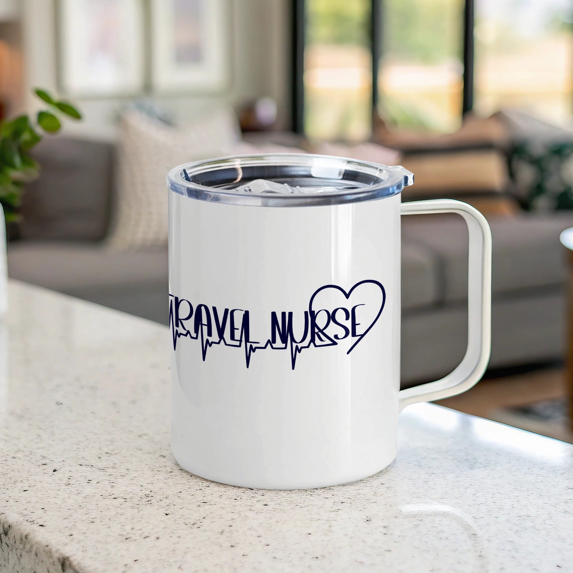 White travel nurse mug with heartbeat graphic and handle.