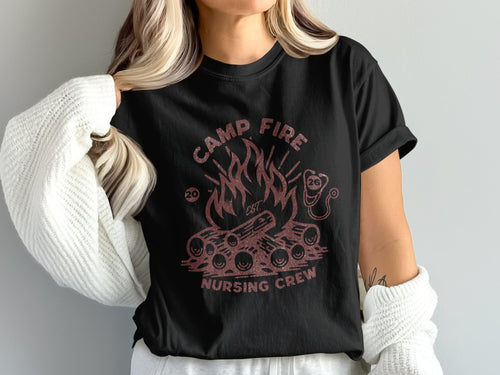 Black t-shirt with campfire graphic and "Camp Fire Nursing Crew" text.