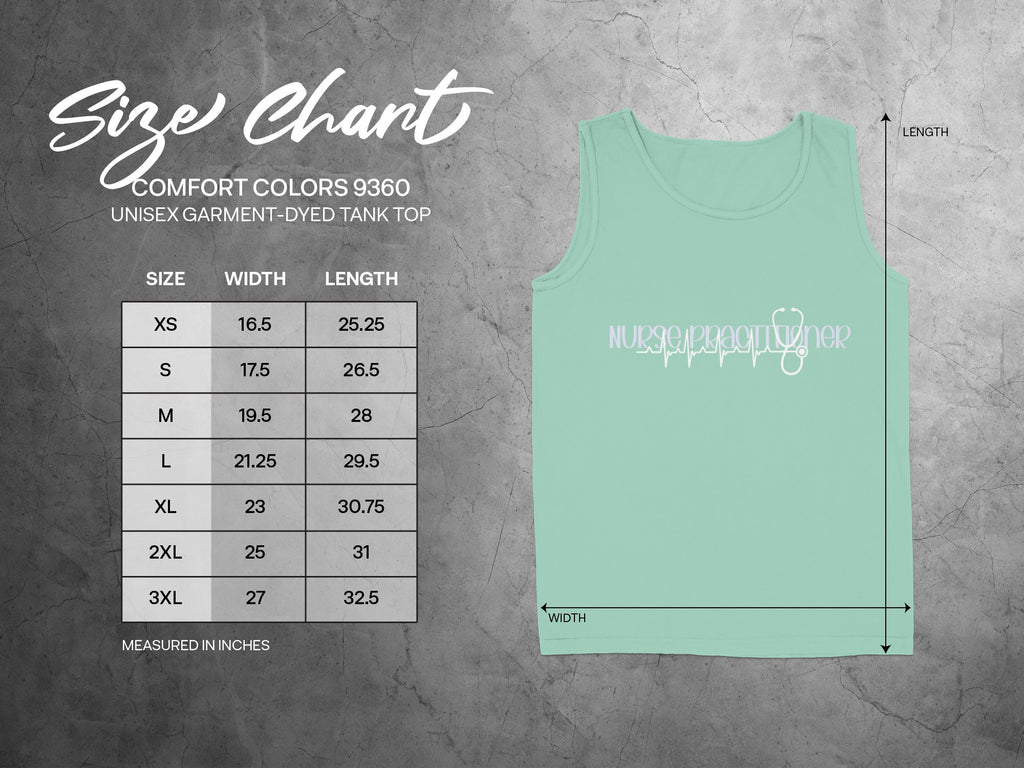 Comfort Colors 9360 unisex tank top size chart showing width and length in inches.