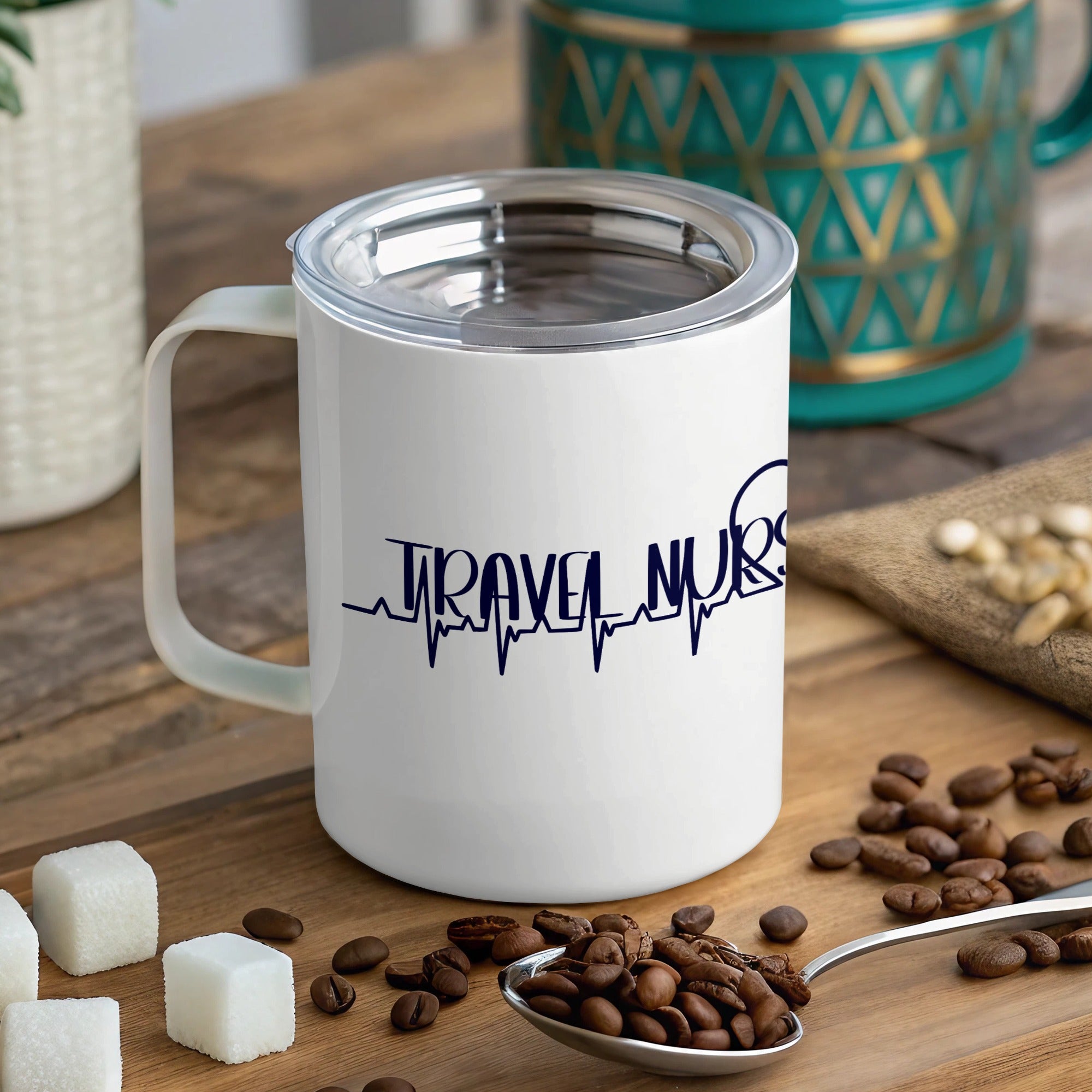 White travel mug with "TRAVEL NURSE" in a heartbeat line on a wooden surface.