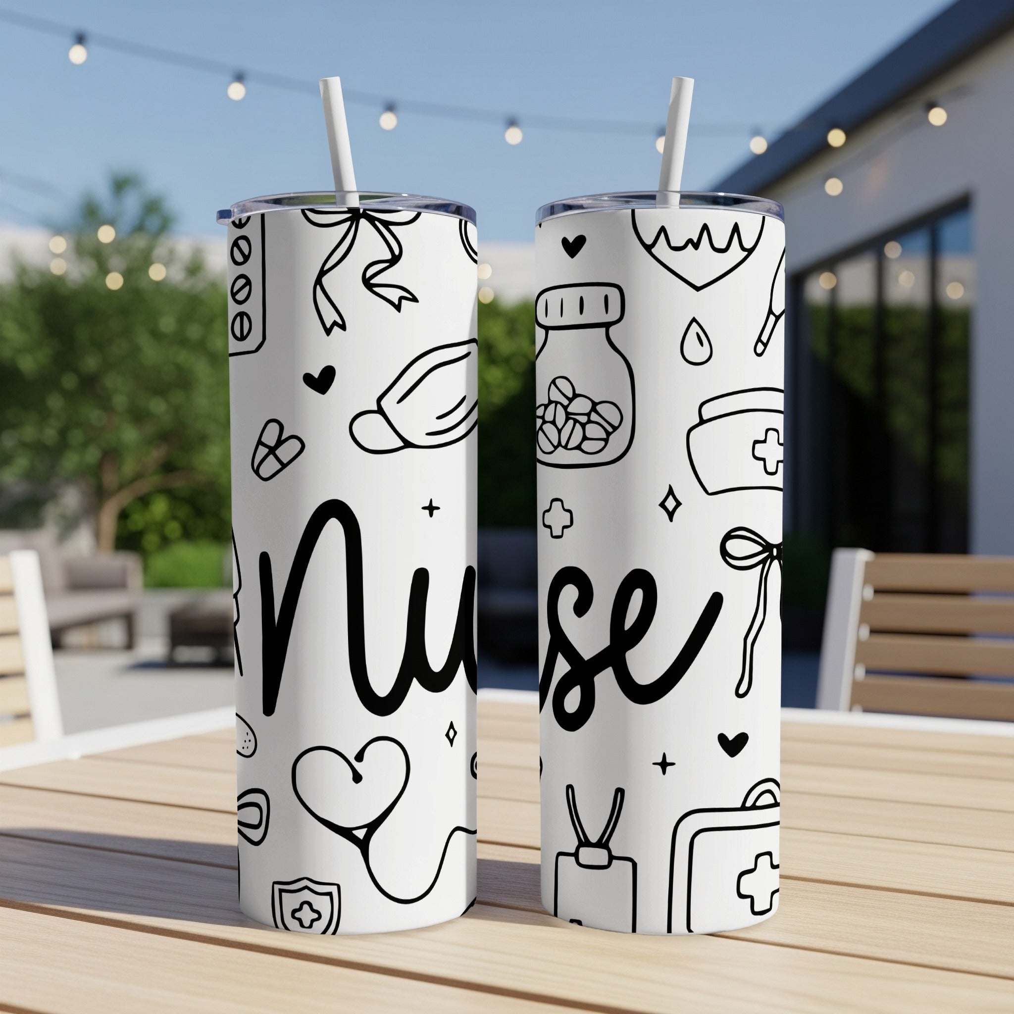 White nurse-themed tumbler with medical icons and the word "Nurse".