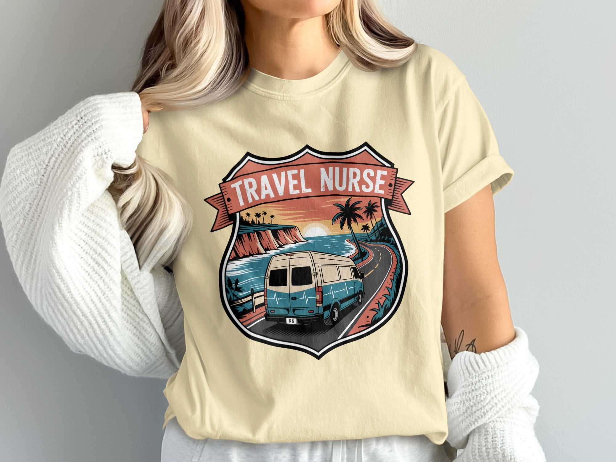 Travel nurse badge graphic with van on a coastal road.