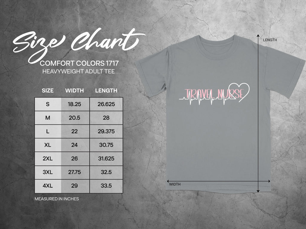 Size chart for Comfort Colors 1717 heavyweight adult tee, showing sizes S-4XL.