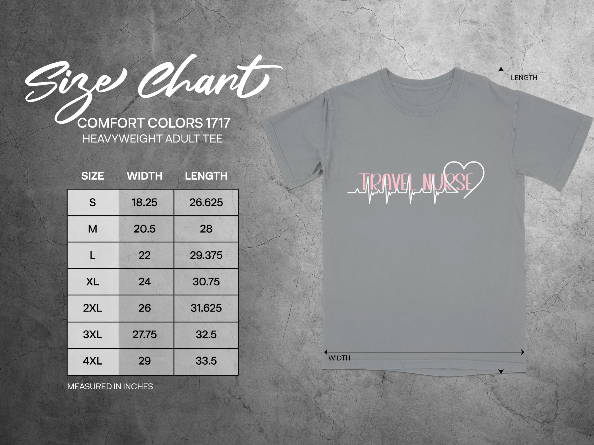 Size chart for Comfort Colors 1717 heavyweight adult tee, showing sizes S-4XL.