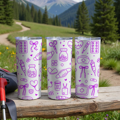 Three purple medical-themed tumblers displayed outdoors on a wooden surface.