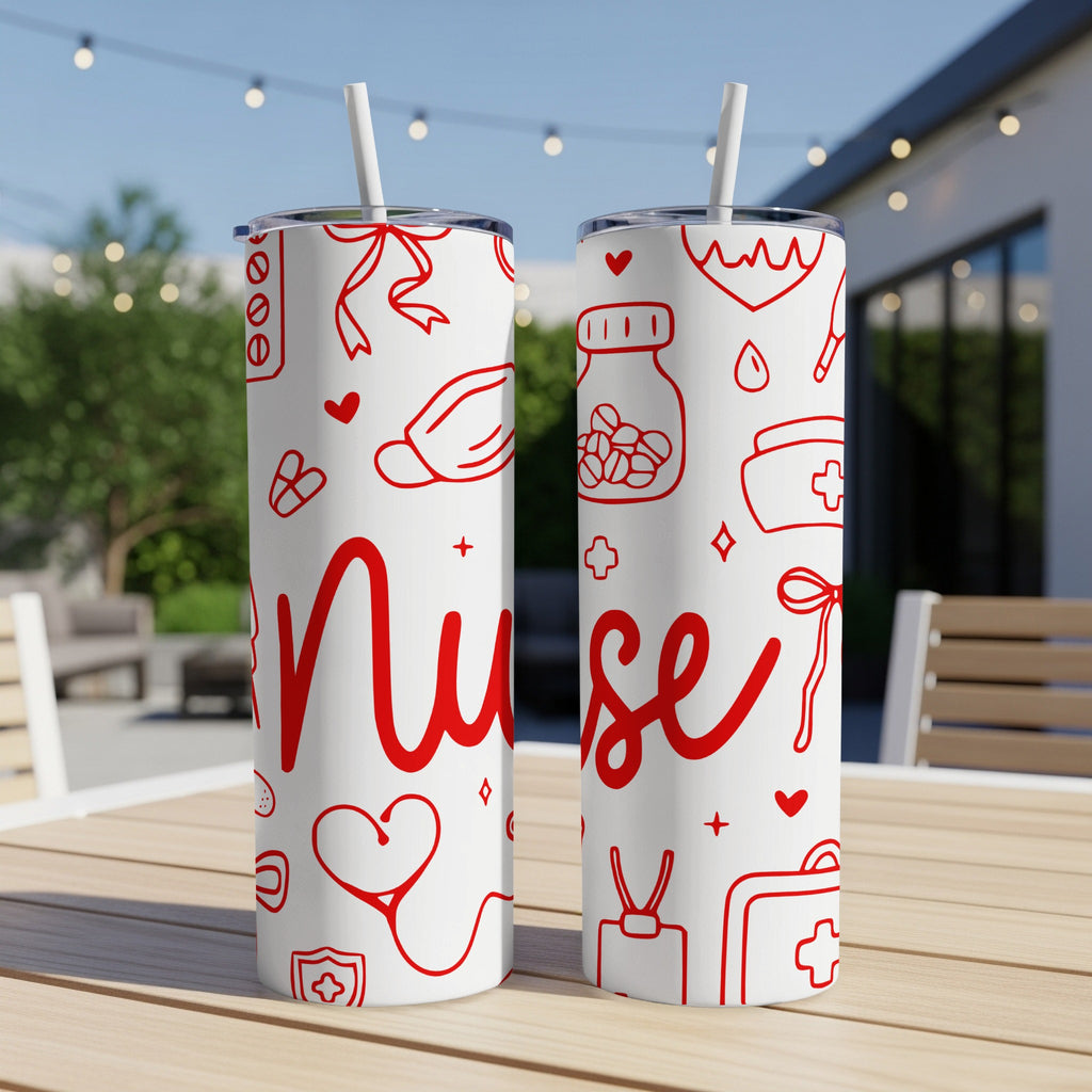 White tumblers with red nurse-themed icons and the word "Nurse".