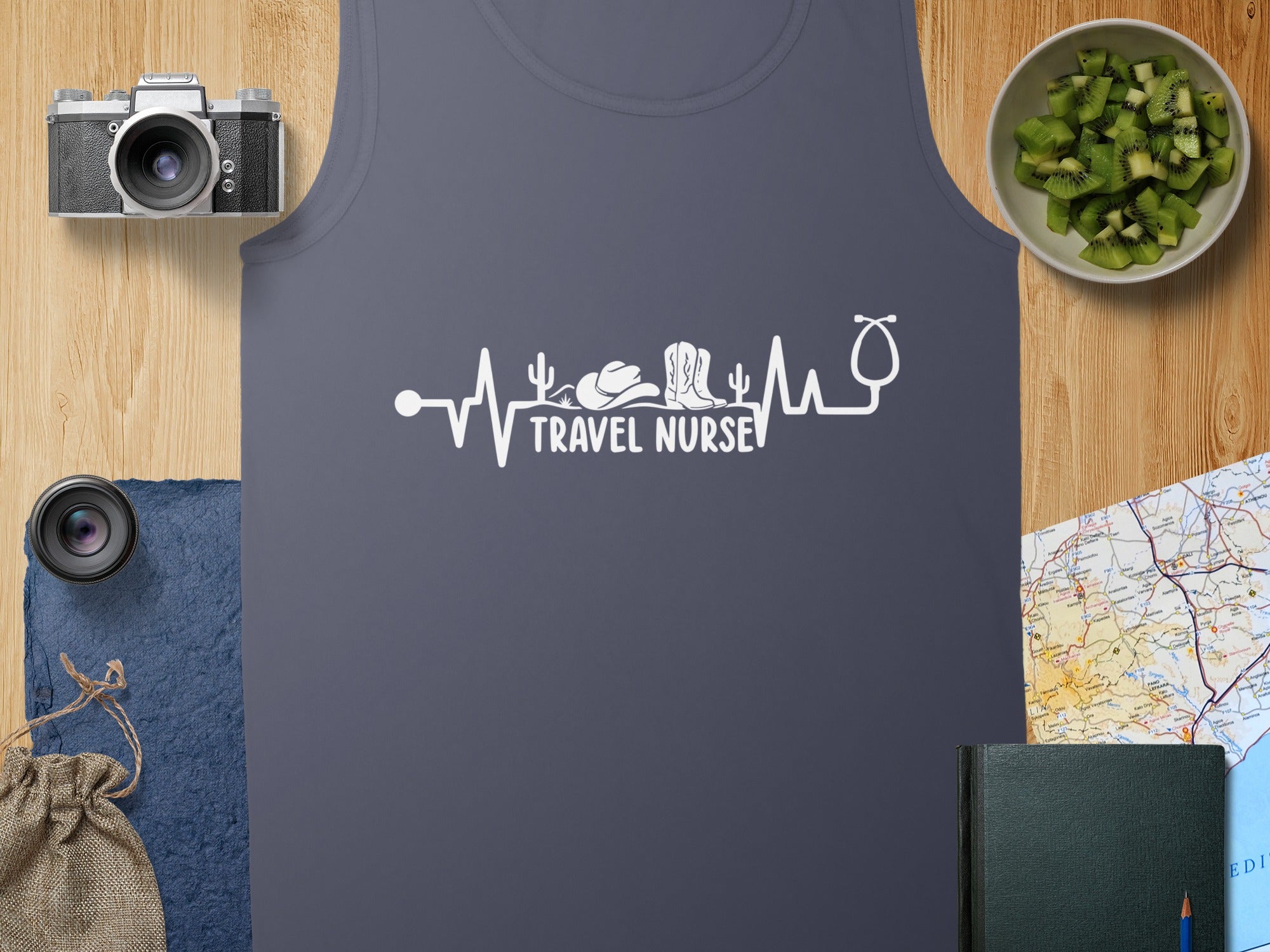 Grey tank top with "TRAVEL NURSE" heartbeat and stethoscope graphic.