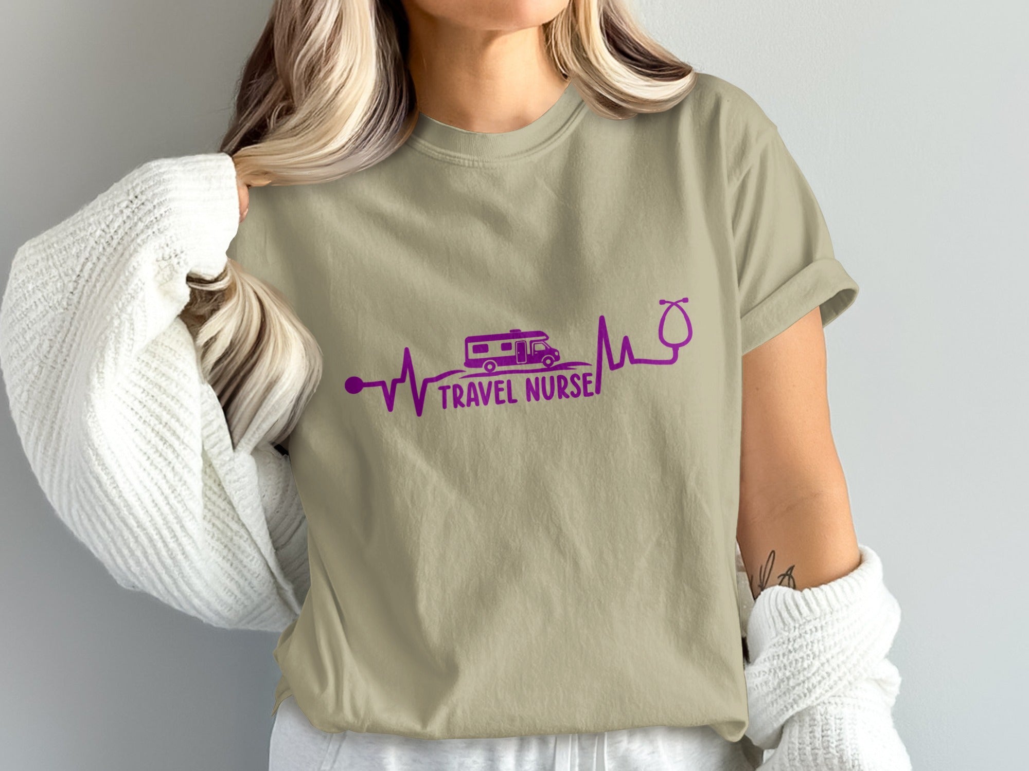T-shirt with stethoscope, RV, and heartbeat graphic.