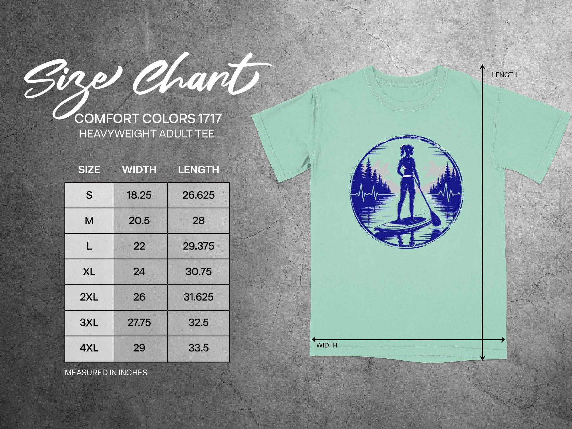 Size chart for Comfort Colors 1717 heavyweight adult tee.