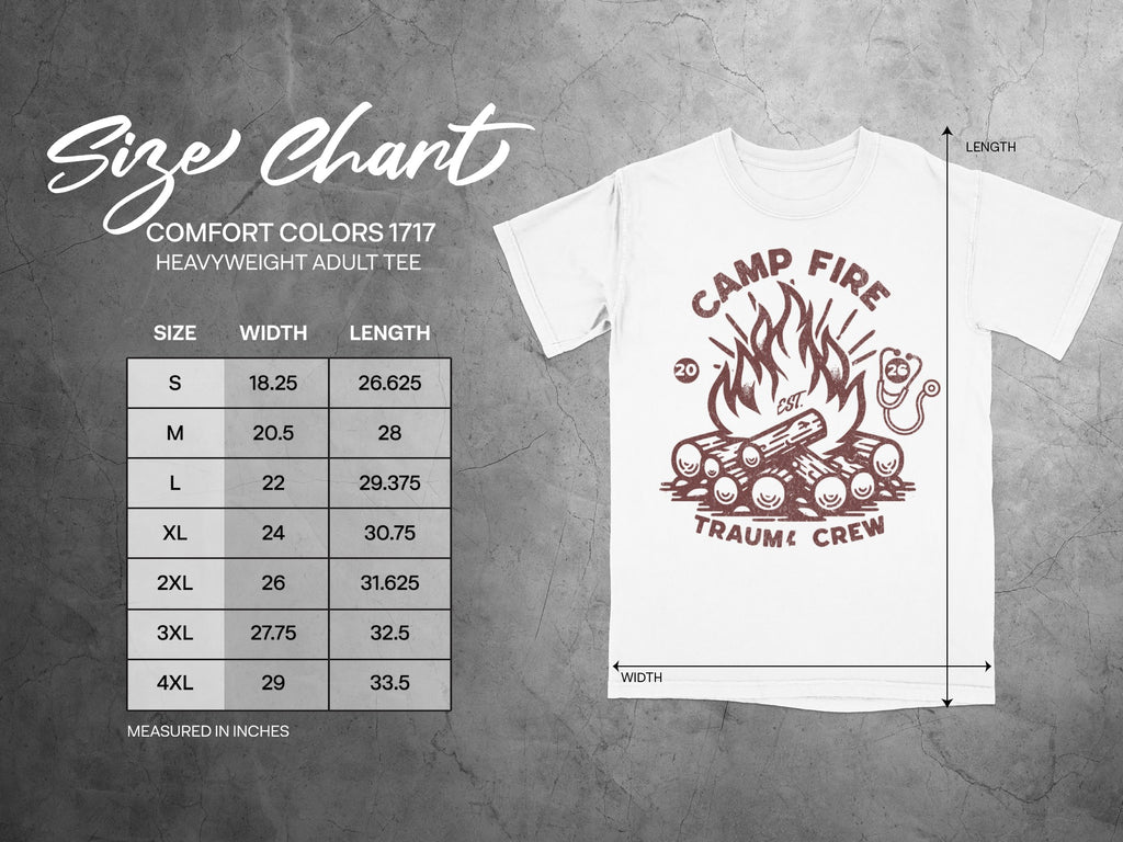 Comfort Colors heavyweight adult tee size chart with chest and length measurements.