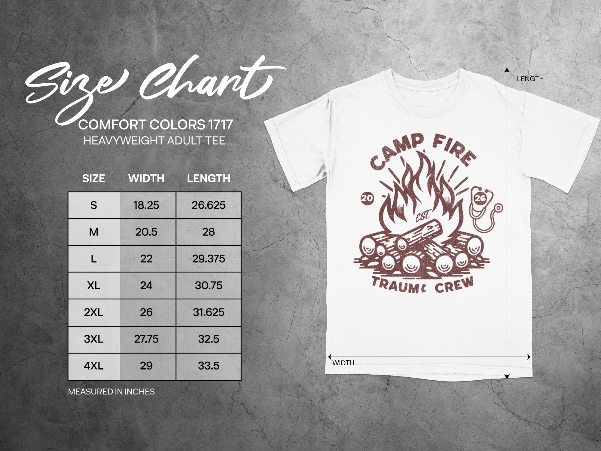 Comfort Colors heavyweight adult tee size chart with chest and length measurements.