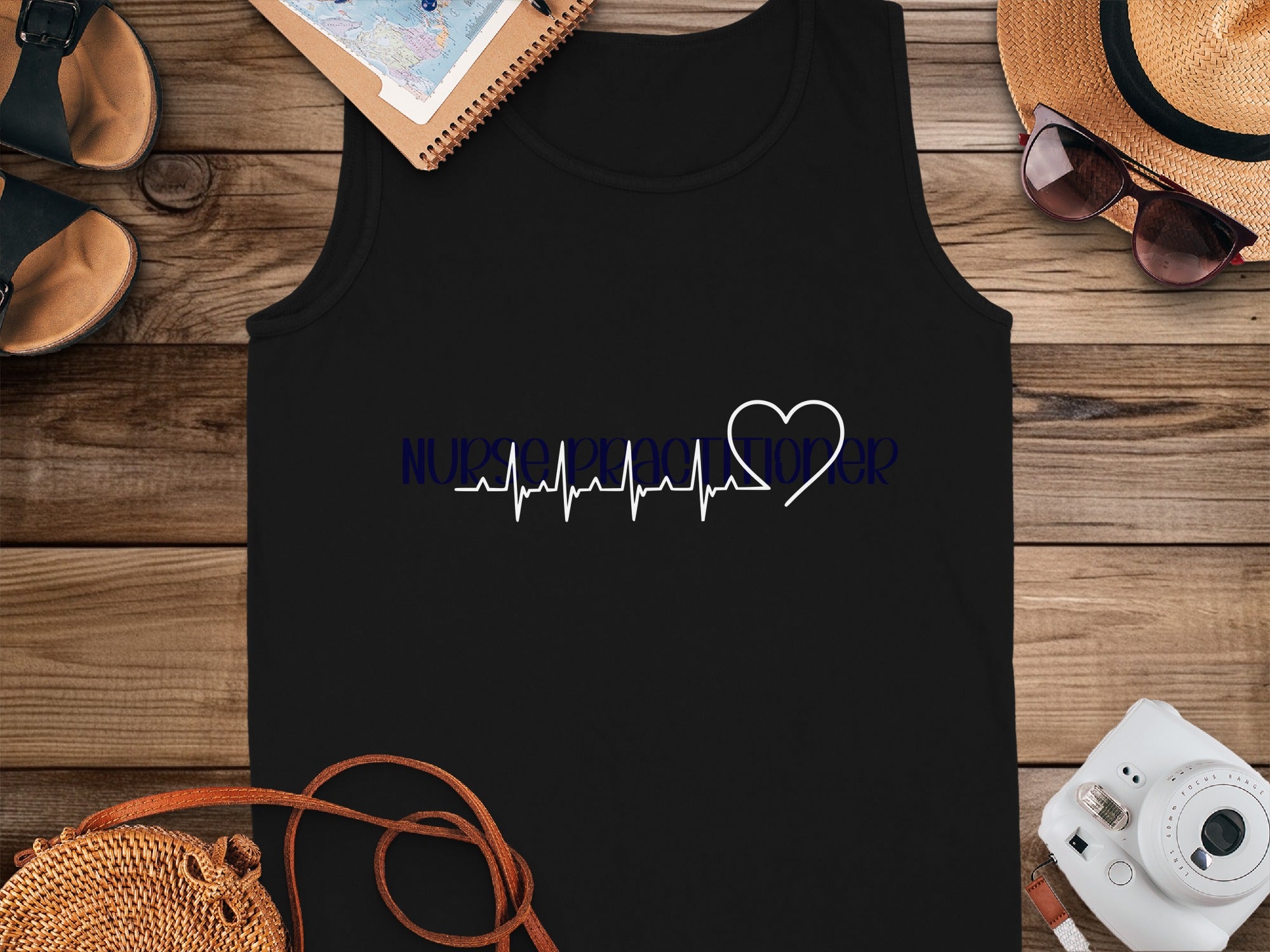 Black tank top with navy blue text "Nurse life" and a heart-shaped EKG.