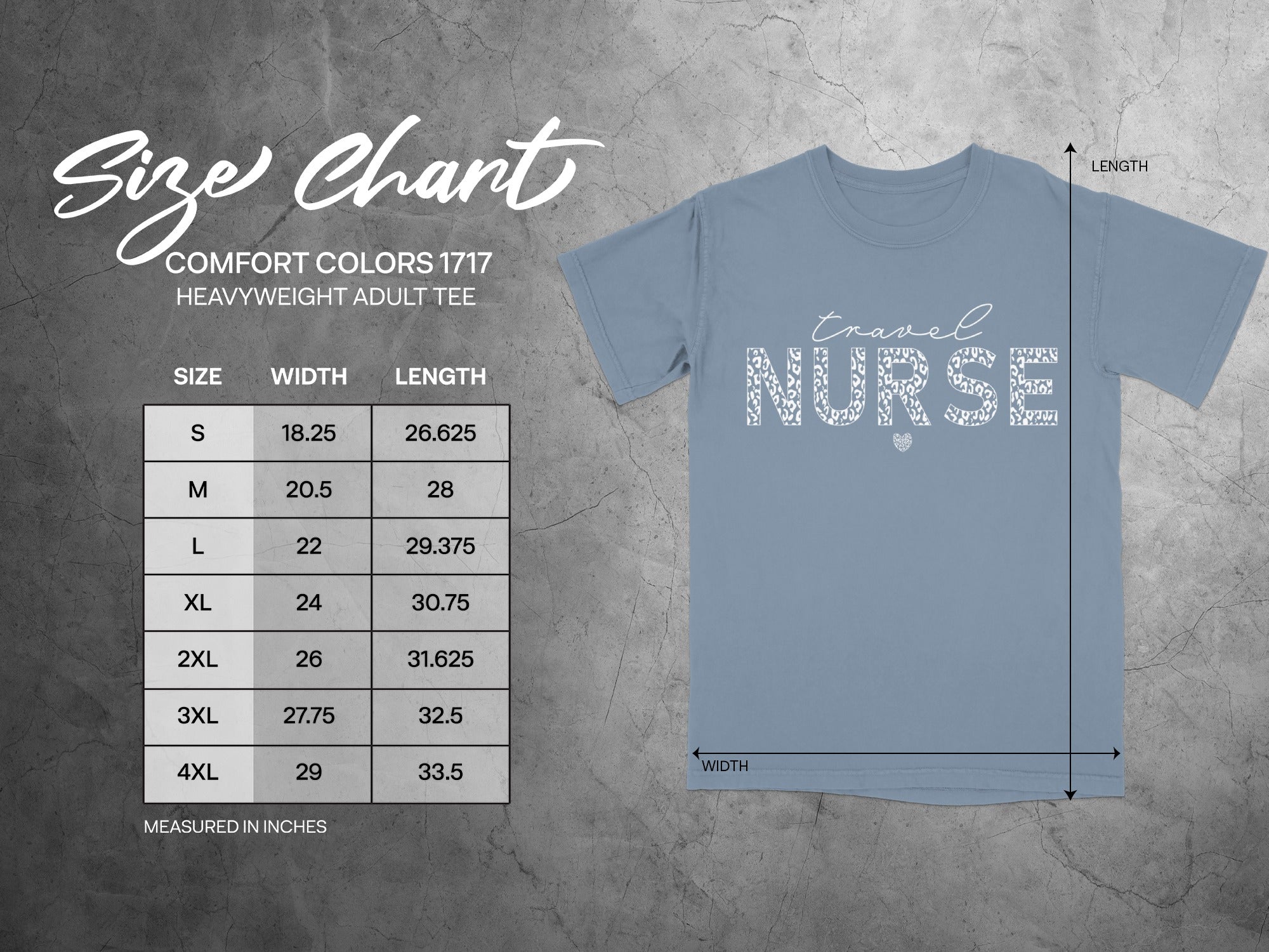 Comfort Colors 1717 heavyweight adult tee size chart with measurements.