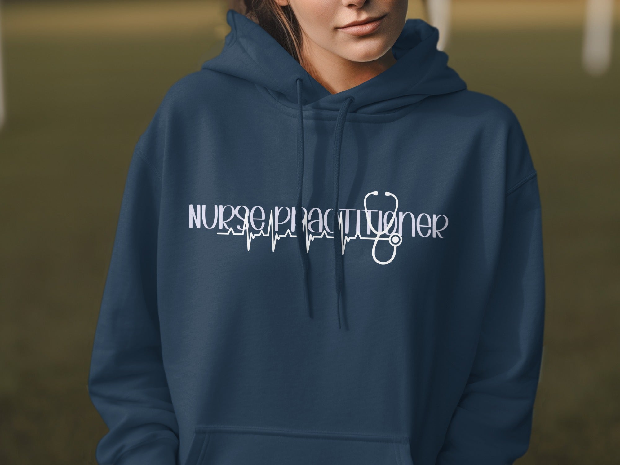 Navy blue hoodie with "Nurse Practitioner" text and stethoscope graphic.