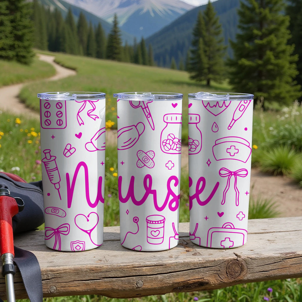 White tumblers with pink nurse-themed graphics and "Nurse" text.
