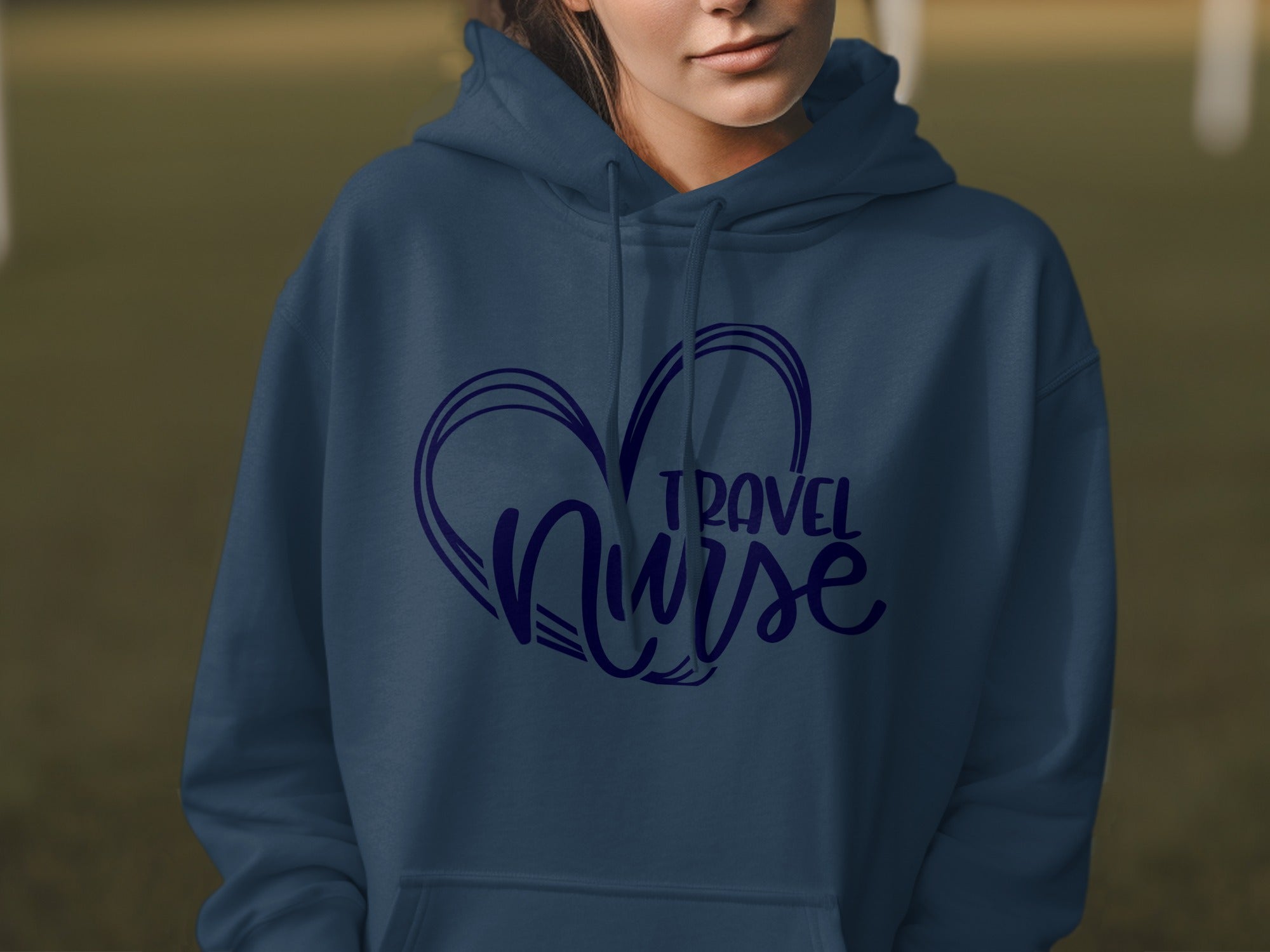 Navy hoodie with "Travel Nurse" text inside a heart outline.