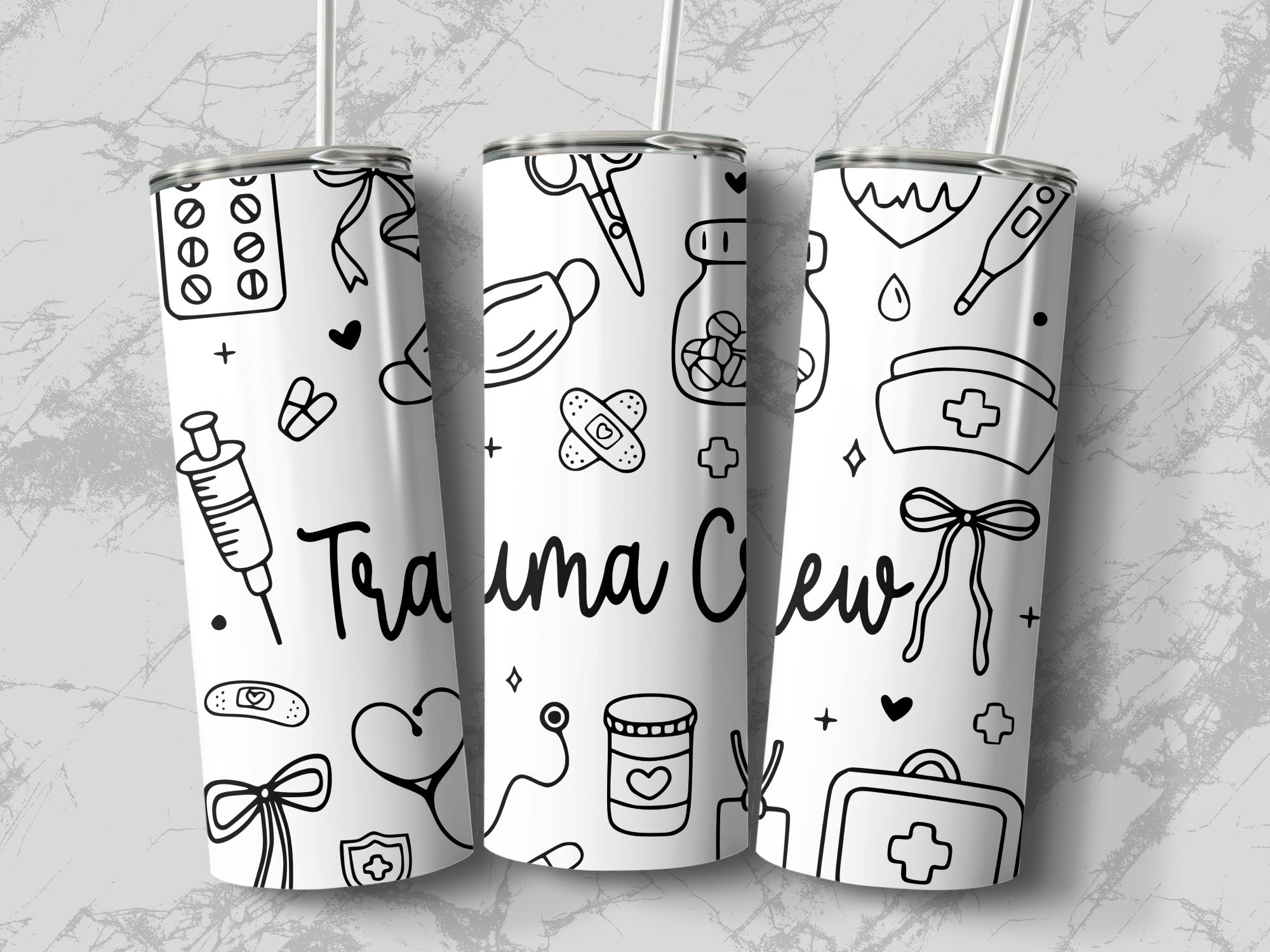 White tumbler with medical icons and "Trauma Crew" text.