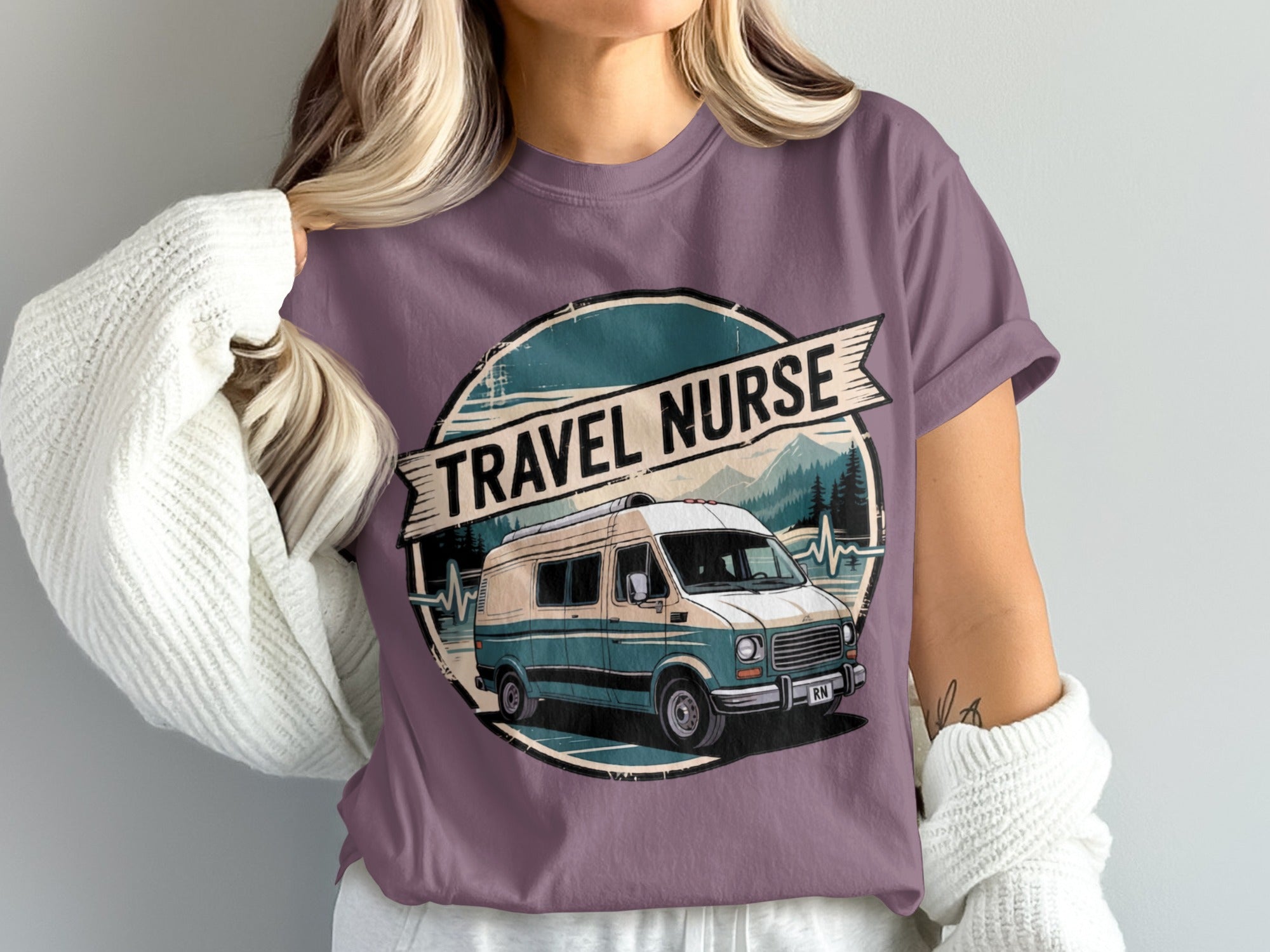 Vintage travel van with mountains and trees, "Travel Nurse" text.