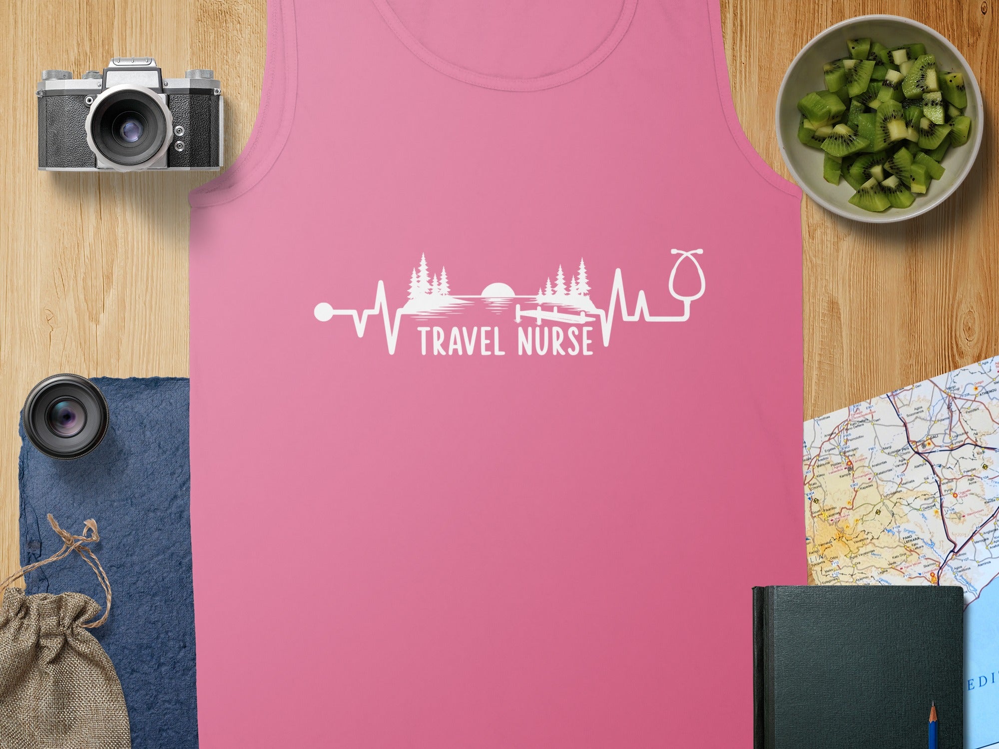 Pink tank top with "Travel Nurse" text and heartbeat graphic.