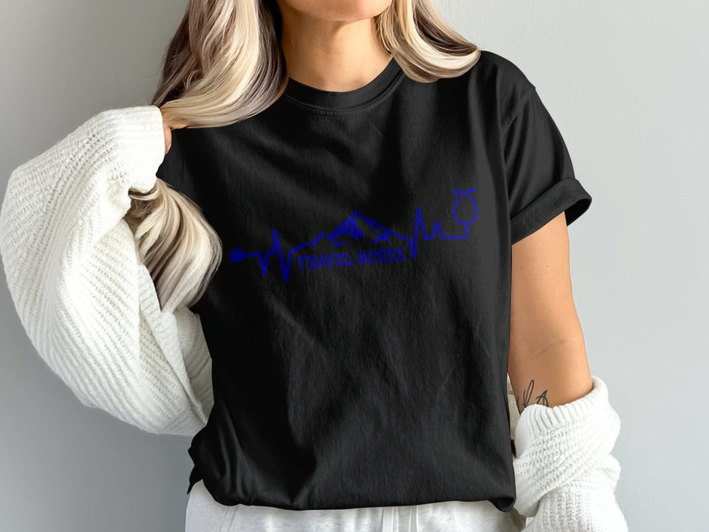 Black t-shirt with "TRAVEL NURSE" and blue mountain/stethoscope graphic.