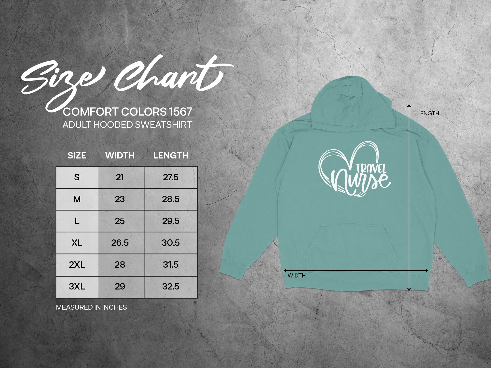 Comfort Colors 1567 adult hooded sweatshirt size chart.